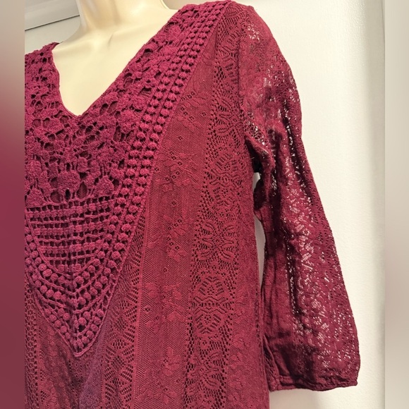 Xhilaration Burgundy Lace V Neck 3/4 Sleeve Dress Medium - Picture 5 of 13